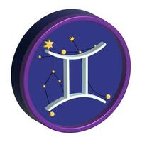 zodiaken tecken gemini, 3d illustration, runda ikon på en vit bakgrund, isolerat. blå tre dimensionell ringa med de astrologi symbol foto