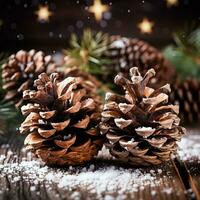 klassisk jul tall koner stänkte med falsk snö vackert klustrade isolerat på en rustik brun lutning bakgrund foto