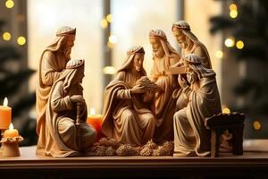 skildring av en nativity uppsättning med handsnidade trä- figurer Införande de biblisk jul berättelse i en årgång miljö foto