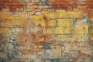 grungy sömlös mönster textur terar ett åldrig gul och röd tegel vägg. ai genererad foto