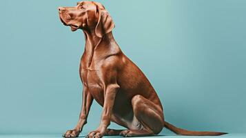 skön ungerska vizsla hund full kropp studio porträtt blå bakgrund ai genererad foto