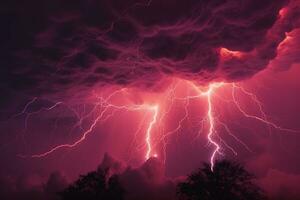apokalyptisk bakgrund med vibrerande blixt- i en mörk röd himmel. ai genererad foto