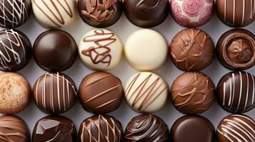 sortiment av olika choklad bonbons mot självlysande neutral bakgrund ai generativ foto