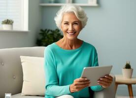 äldre kvinna är använder sig av läsplatta dator Sammanträde på soffa foto