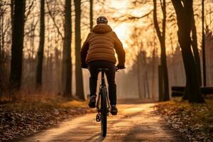 en äldre man på hans cykel på solnedgång foto