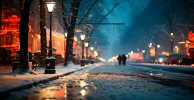 natt snöig jul amerikan stad detroit, ny år Semester, suddig bakgrund - ai genererad bild foto