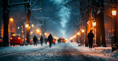 natt snöig jul amerikan stad detroit, ny år Semester, suddig bakgrund - ai genererad bild foto