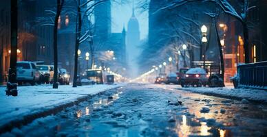 natt snöig jul amerikan stad detroit, ny år Semester, suddig bakgrund - ai genererad bild foto