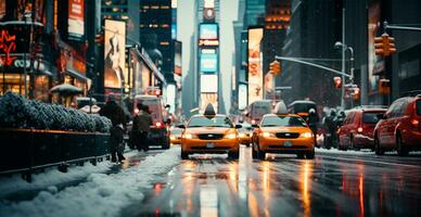 natt snöig jul amerikan stad ny york, ny år Semester, suddig bakgrund - ai genererad bild foto