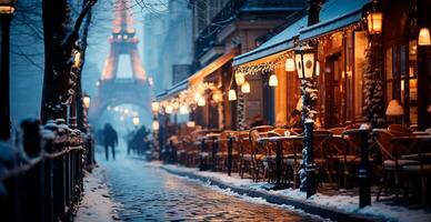 natt snöig jul paris, ny år Semester, suddig bakgrund - ai genererad bild foto