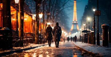 natt snöig jul paris, ny år Semester, suddig bakgrund - ai genererad bild foto