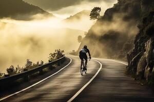 ett tidigt morgon- rida - de cyklistens äventyr genom en berg passera ai generativ foto