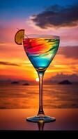 hisnande solnedgång se med en färgrik skiktad cocktail glas erbjudande kopia Plats ai generativ foto