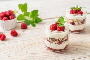 färskt hallon och yoghurt med granola - hälsosam matstil