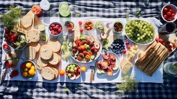 antenn se av en sommar picknick visa upp utomhus- dining på en rutig filt ai generativ foto