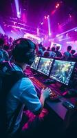 neon belyst esports arena visa upp modern gaming strider och glädjande folkmassan ai generativ foto