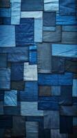 kreativ patchwork av denim texturer i olika nyanser av blå, idealisk för ungdomscentrerad mode annonser ai generativ foto