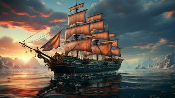 ett gammal segling fartyg med hög master den där användningar en segla och de kraft av de vind för rörelse flyter på de hav med vågor foto