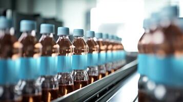 tappning drycker i ren plast flaskor på en ljus fabrik linje, generativ ai foto