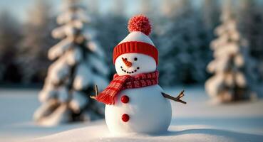 glad snögubbe bär en festlig röd hatt och scarf i en snöig landskap. generativ ai foto