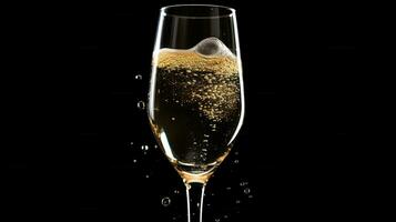 en glas av champagne med bubblor i den på en svart bakgrund, generativ ai foto
