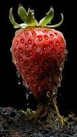 en jordgubb kommande ut av svamp med vatten droppar på den och svart bakgrund ai generativ foto