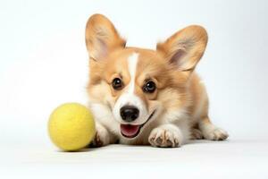 söt welsh corgi hund spelar tennis boll. rolig söt hund spela leksak. foto