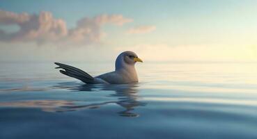 en ensam fågel simmar i en lugna hav realistisk. ai generation foto