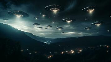 dramatisk skildring av en UFO flotta i de natt himmel signal- en möjlig utomjording stöta på ai generativ foto