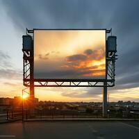 vibrerande solnedgång formning en eldig bakgrund för en tom anslagstavla ram, perfekt för djärv reklam ai generativ foto
