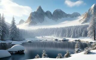 skön vinter- landskap med en sjö i de berg. ai generativ. foto