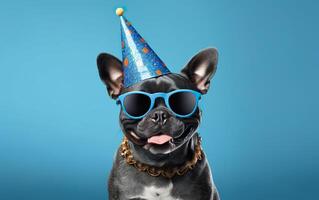 franska bulldogg i fest hatand solglasögon över blå bakgrund, sällskapsdjur bithday baner för söt hund firar, ai generativ foto