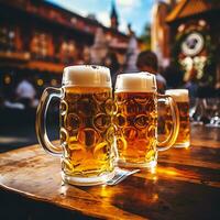 oktoberfest öl glas på trä- tabell stänga upp sommar festivaler foto