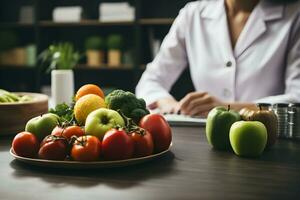 kvinna dietist ger samråd till patient på friska frukt och grönsaker. rätt näring och dining begrepp. generativ ai foto