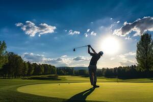 en mittsving golfspelare silhuett mot en vibrerande grön golf kurs under en klar blå himmel ai generativ foto