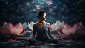 kvinna håller på med yoga med lotus blommor, andlig begrundande, generativ ai foto