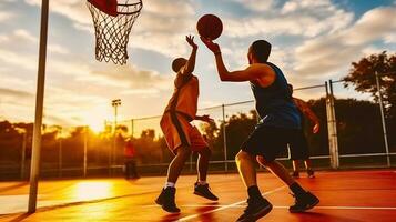 två ung vänner spelar basketboll på domstol utomhus på solnedgång. generativ ai foto