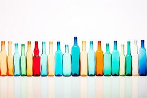 spektrum av kreativitet - vibrerande glas flaskor på en vit bakgrund med riklig Plats för text ai generativ foto