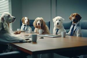 hund företags- kupp - komiska hundar befallande en företag träffa ai generativ foto