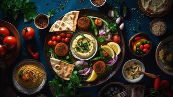 över huvudet glimt av en medelhavs fest hummus pita bröd och falafel nära en te pott ai generativ foto