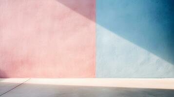 abstrakt lutning vägg i pastell rosa och blå med riklig Plats för text och design element ai generativ foto