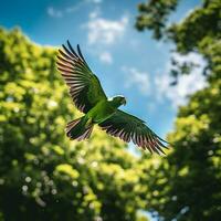 tät, smaragdgrön djungel scen med en vibrerande papegoja flygande mitt i de lövverk ai generativ foto