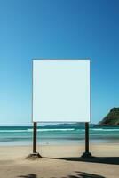 slående bild av en tom anslagstavla ram på en ödslig strand, ändlös reklam möjligheterna ai generativ foto