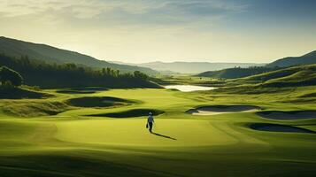 erfarenhet av golf mitt i de omfattande vidd av natur och vackert belyst landskap ai generativ foto