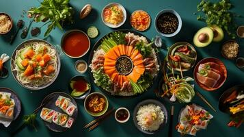 över huvudet snapshot av internationell kök sushi pasta och tacos på en färgrik bordsduk ai generativ foto