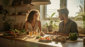 en par ansluter över en friska hemlagad måltid i en solbelyst modern kök ai generativ foto