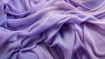 en lila silke trasa är draperad över en tabell med mjuk ljus på Det, lila tyg material bakgrund. generativ ai foto