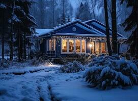 trä- hus i vinter- tid foto