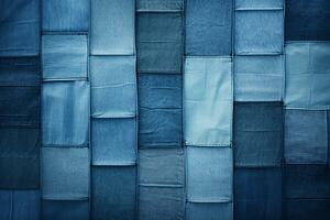 kreativ patchwork av denim texturer i olika nyanser av blå, idealisk för ungdomscentrerad mode annonser ai generativ foto