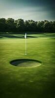 obefläckad sätta grön och hål med golfare i de bakgrund väntar förväntansfullt ai generativ foto
